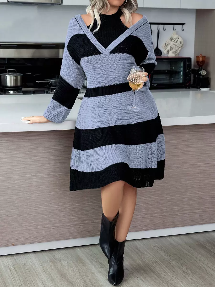 Calvaya Kích thước lớn Tương phản Thả vai Đầm Áo len - Nhiều màu - Xem 1