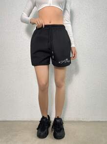 SHEIN Unity Pha lê Mẫu chữ Eo dây rút Quần short - màu đen - Xem 1