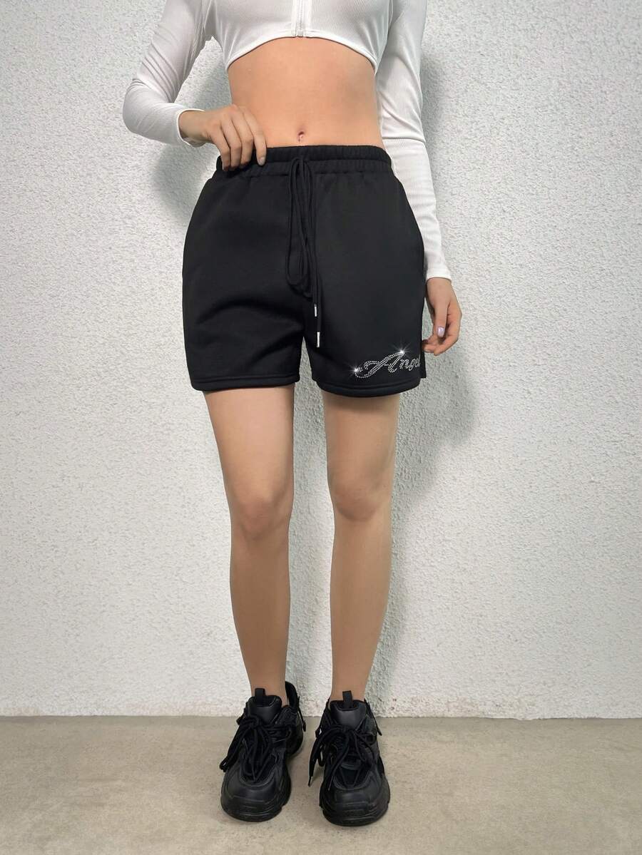 SHEIN Unity Pha lê Mẫu chữ Eo dây rút Quần short - màu đen - Xem 1
