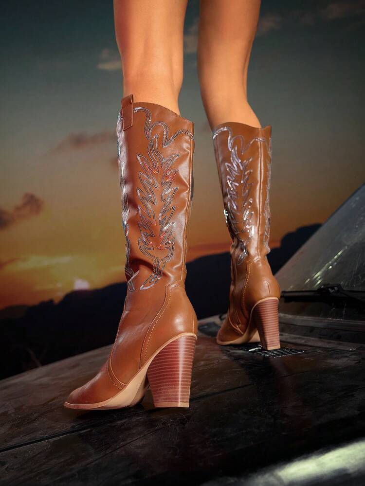 Women's Fashionable Outdoor Wearable & Comfortable Western Boots With Sequin Decor, Cowboy Boots For Women