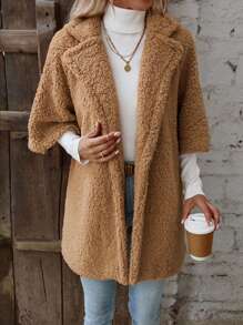 SHEIN LUNE 西裝領開門襟絨毛外套無毛衣 - 卡其色 - 查看 4