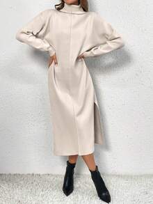 SHEIN Frenchy Áo cao cổ Thả vai Tách đùi Đầm Áo len - Màu be - Xem 6