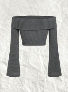 SHEIN EZwear 大碼一字肩荷葉袖T恤 - 深灰色 - 查看 2