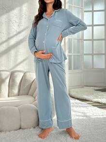 Moonlight&Mama Maternity Contrast Piping Pocket Patched Shirt & Pants PJ Set / Pajama Set For Mother , Cozy And Elegant Details, Clothes Outfit, Fall & Winter - Blue - View 3