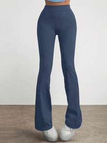 SHEIN Cottnline Solid Color Ribbed Knit Regular Pants - Teal Blue - View 2