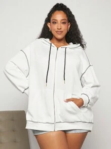 SHEIN CURVE+ 大尺碼縫線細部拉鍊連帽運動衫 - 白色 - 查看 3