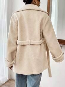 Muchica Cổ áo Thắt lưng Áo khoác Teddy - Màu be - Xem 2
