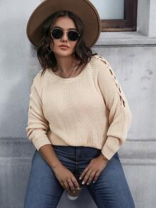 Calvaya Hơn Crisscross Tay Raglan Áo len - Màu be - Xem 3