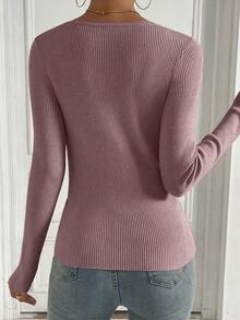 SHEIN Essnce Scoop Neck Ribbed Knit Sweater - Khaki - View 2