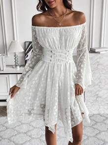 SHEIN Unity Off Shoulder Lace Up Front Trumpet Sleeve Dress - White - View 3