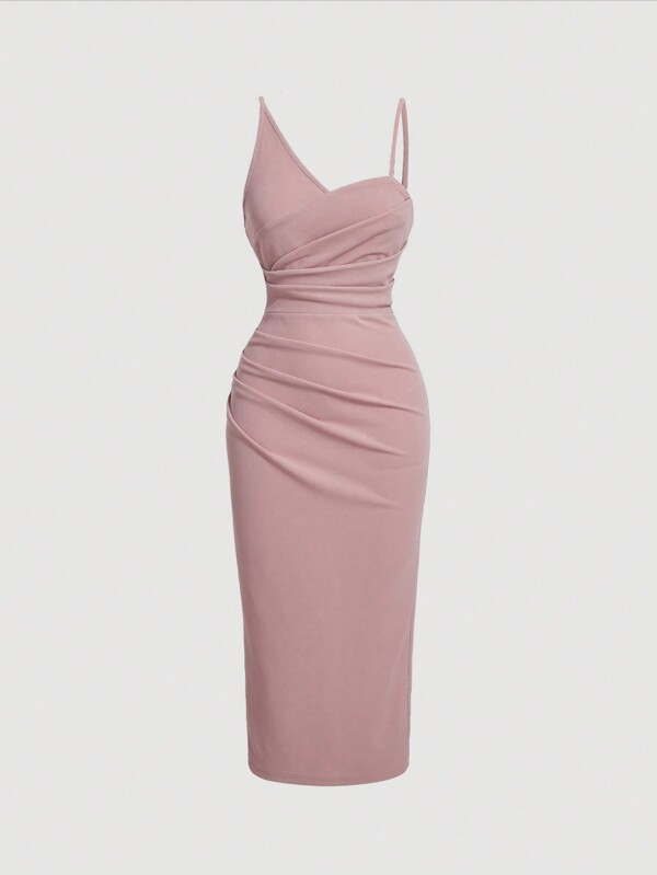 SHEIN MOD Solid Ruched Asymmetrical Neck Ruched Split Thigh Dress