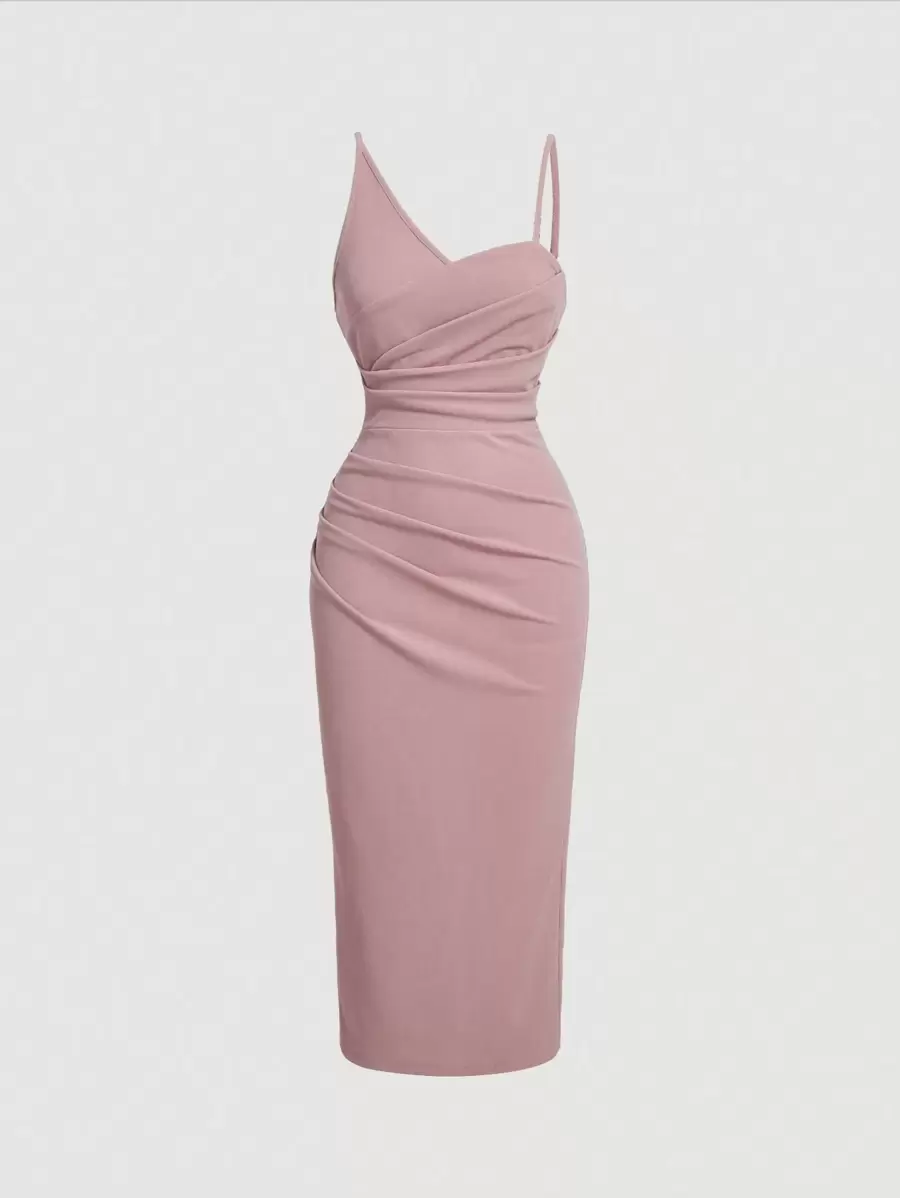 SHEIN MOD Vestido unicolor fruncido de cuello asimétrico fruncido de muslo con abertura - Rosa - Ver 1