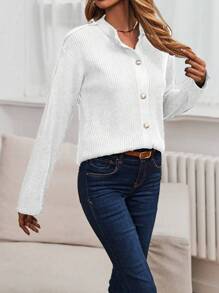 SHEIN LUNE คาร์ดิแกน ไหล่ตก กระดุมด้านหน้า - สีขาว - ดู 3