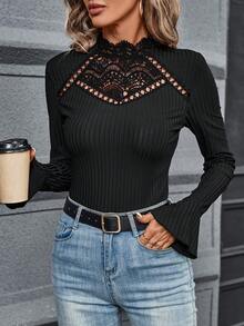 SHEIN Clasi 水溶蕾絲拼接喇叭袖T恤 - 黑色 - 查看 3