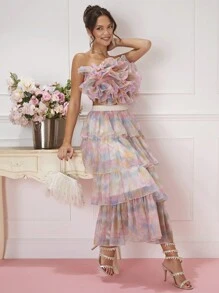 Enchnt 女士夏季時尚印染多層荷葉邊拼接包身背心 - 粉色 - 查看 4