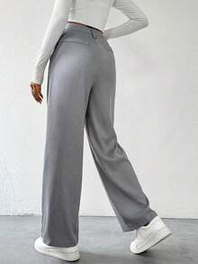 SHEIN Privé Cao eo Chi tiết nếp Quần tây - Xám - Xem 2