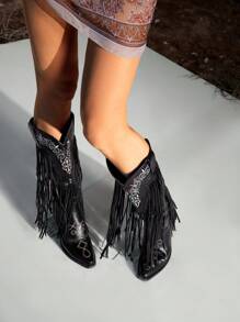 Styleloop Giày bốt cổ cao đến đầu gối màu đen dành cho nữ Giày bốt cao bồi miền Tây có tua rua, thêu độc đáo, tua rua và gót vuông - Thích hợp cho phong cách Cowgirl, giản dị và phong cách - màu đen - Xem 3