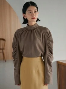 FRIFUL Blusa con cuello alto, manga raglán fruncida, ropa de otoño con manga larga