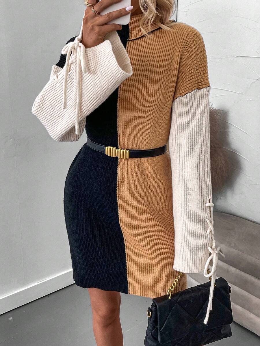SHEIN LUNE Color Block Drop Shoulder Lace Up Side Sweater Dress Without Belt - Multicolor - View 1