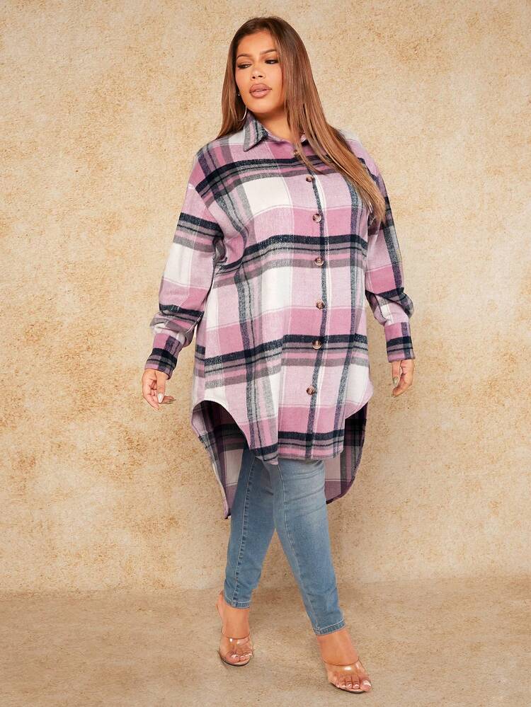 Plus Plaid Print Drop Shoulder High Low Hem Overcoat