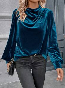 SHEIN Clasi 飄帶立領燈籠袖天鵝絨襯衫 - 水鴨藍 - 查看 5