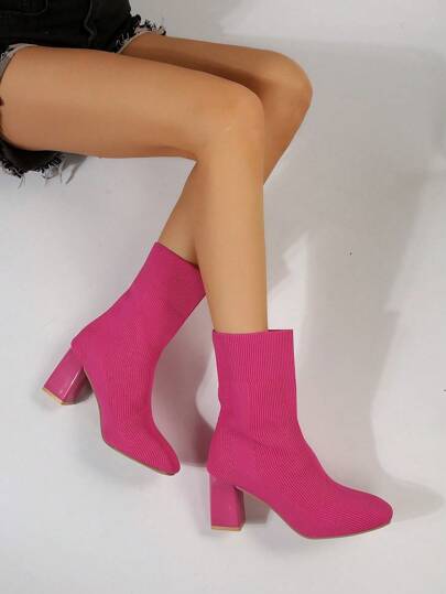 Women s Square Toe Fashionable Woven Boots In Red pink Color Western Style High ankle calf length leg Boots For Women SHEIN