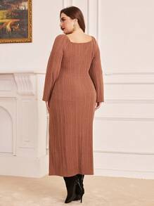 Modelyn Plus Fuzzy Trim Fitted Dress - Chocolate Brown - View 2
