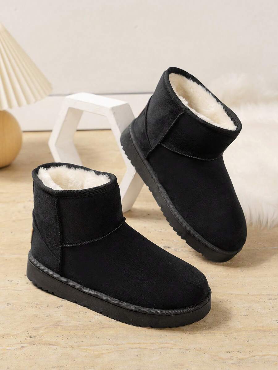 男女通用青少年黑色雪地靴，带保暖内衬，加厚，保暖鞋