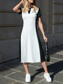 SHEIN EZwear 字母圖案撞色Polo領T恤洋裝 - 黑與白 - 查看 5