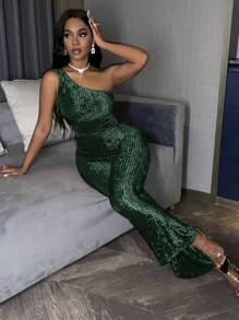 SHEIN VaVaLuxe Mono de un hombro pierna amplia - Verde - Ver 1