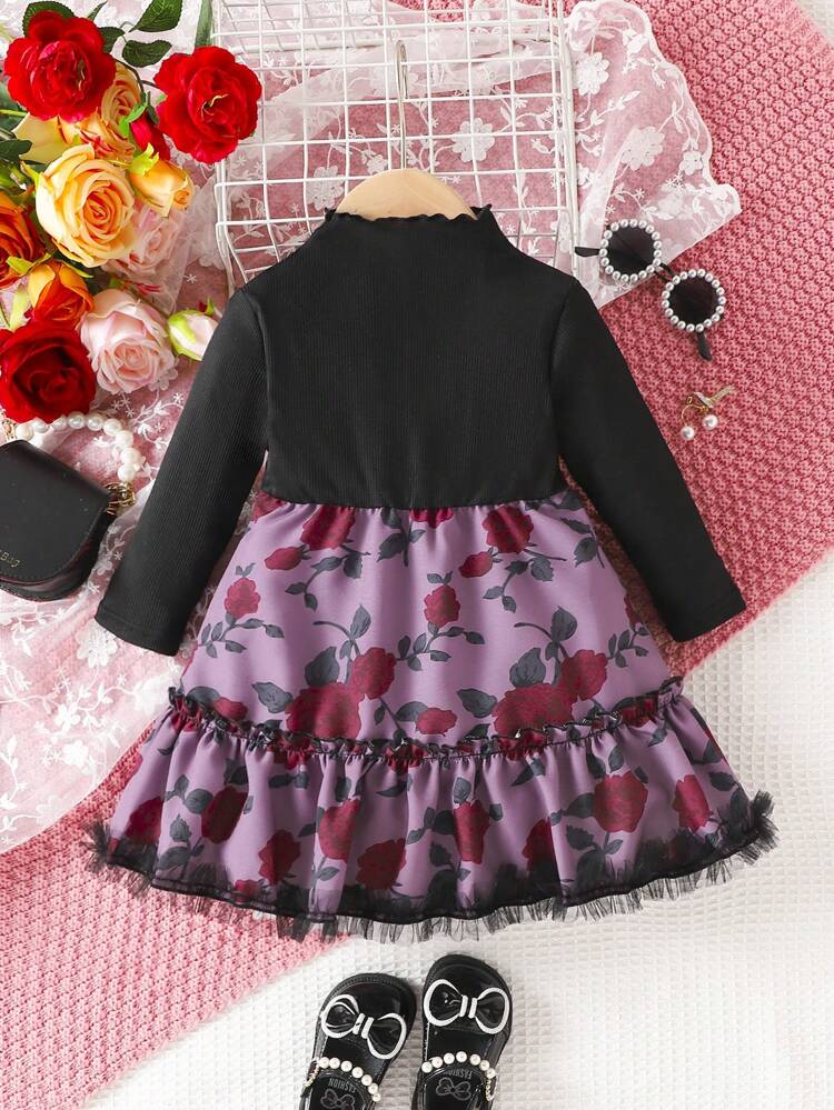 Baby Girl Floral Print Lettuce Trim Ruffle Hem Dress