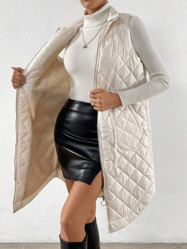 Drawstring Waist Zipper Vest Quilted Padded Coat Clothes Winter