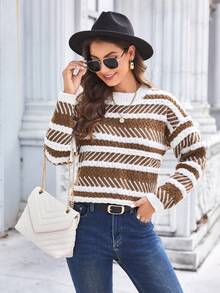 GENKIRA 条纹图案落肩针织套头衫秋冬毛衣 - 彩色 - 查看 5