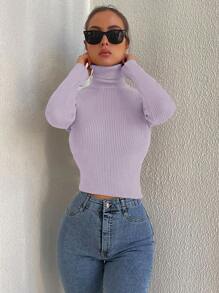 Cloudara Turtleneck Ribbed Knit Slim Fit Jumper - Lilac Purple - View 5