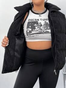 SHEIN EZwear 加大拉链灯芯绒夹棉大衣 - 黑色 - 查看 5