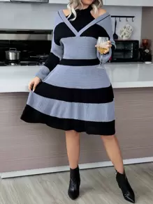 Calvaya Kích thước lớn Tương phản Thả vai Đầm Áo len - Nhiều màu - Xem 4