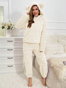Thiết kế tai 3D áo có mũ Flannel Bộ PJ - trắng - Xem 6