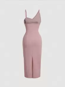 SHEIN MOD Vestido unicolor fruncido de cuello asimétrico fruncido de muslo con abertura - Rosa - Ver 2