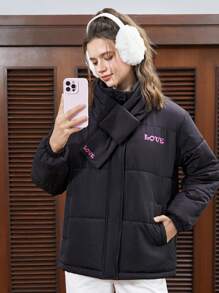 SHEIN EZwear Women's Letter Print Padded Coat With Scarf - Black - View 5