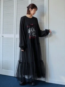 FRIFUL Cartoon Character Print Mesh Splicing Women's Dress,Ruffle,Fall Dress - Black - View 6