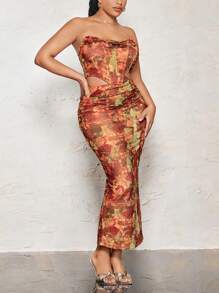 SHEIN BAE Talla grande con estampado floral Top bandeau & fruncido Falda - Multicolor - Ver 1