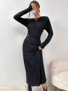 SHEIN Essnce 連帶腰帶的針織裙 - 黑色 - 查看 1