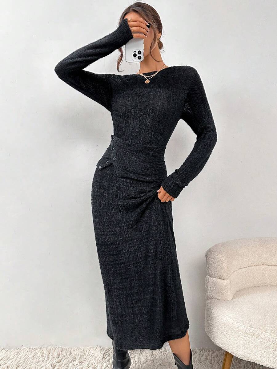 SHEIN Essnce 連帶腰帶的針織裙 - 黑色 - 查看 1