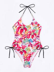 SHEIN Swim 女款花卉印花掛脖連身泳衣,印花隨機 - 彩色 - 查看 7