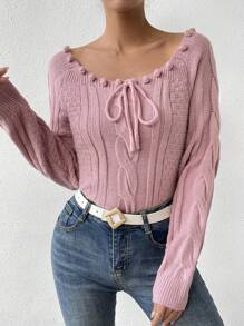 SHEIN LUNE Áo len chui đầu tay raglan buộc dây phía trước với chi tiết quả bông trang trí, thích hợp cho mùa thu đông. - Hồng - Xem 5