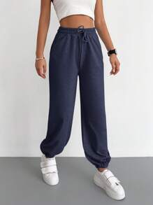 EURMUSE Solid Drawstring Waist Sweatpants - Navy Blue - View 3