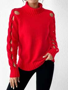 SHEIN Essnce Áo cao cổ Cắt ra Tay Raglan Áo len - Đỏ - Xem 4