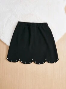 SHEIN Girls' Knitted Solid Color Beaded Skirt With Integrated Design For Casual Wear - Black - View 2