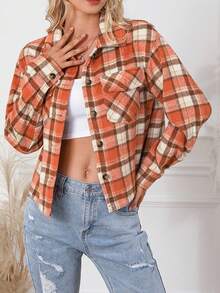 Orange Plaid Button-front Flap Pocket Jacket - Orange - View 3
