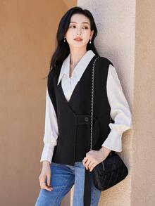 Autumn New Arrival Casual Loose V-neck 2 Buttons Design Fashionable Knitted Vest For Daily Wear, Work And Leisure, Small Quantity - Black - View 4